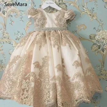 

Champagne Lace Flower Girl Dresses Jewel Neck Appliqued Little Princess Pageant Dress Little Baby Gowns for Communion
