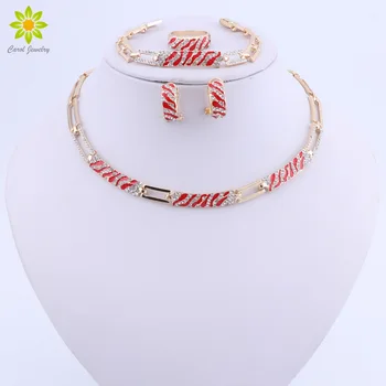 

Elegant Gold Color Bridal Wedding Jewelry Sets for Women Red Enamel Necklace Earrings Bracelet Ring Sets