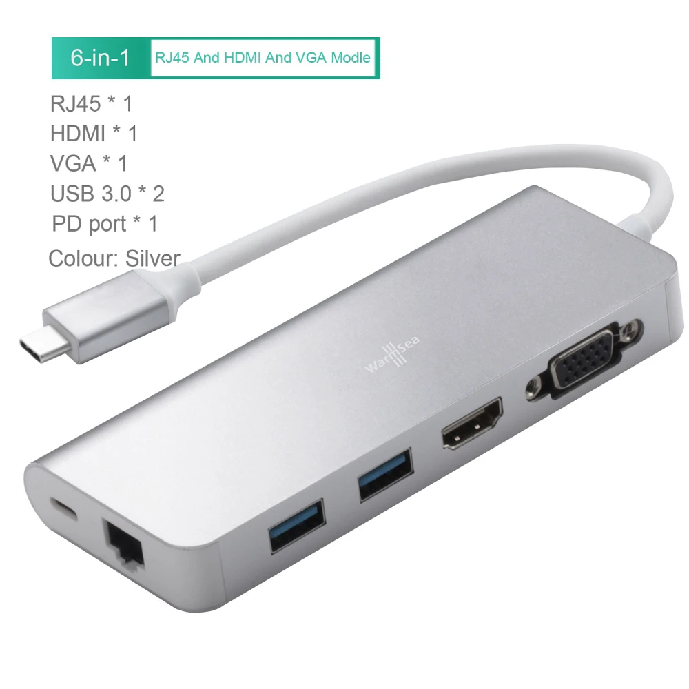 Концентратор USB Type C аудио с 4K HDMI RJ45 3,5 мм SD карта зарядная Dex станция для samsung Galaxy S8 S9 nintendo Switch MacBook Pro - Цвет: 6IN1 Silver