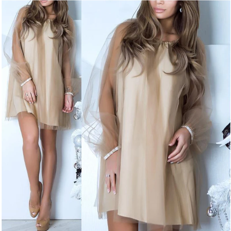 Summer Dress 2018 Plus Size Mesh O-Neck Sexy Women Dresses Patchwork Loose Streetwear Women's Clothing Lantern Sleeve Mini Dress Dresses