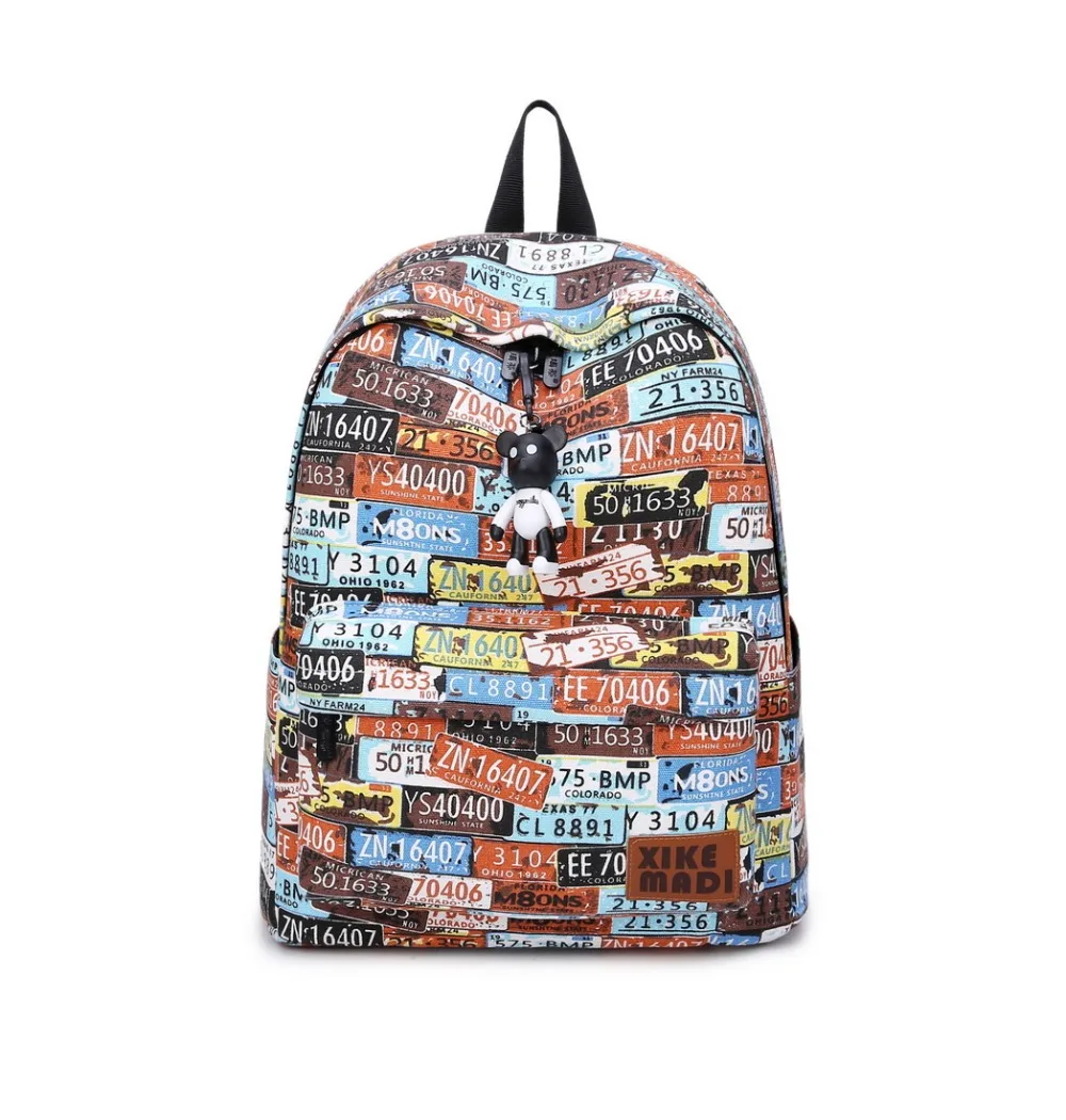 Retro Canvas Backpack Car Number Print Vintage School Backpack Fit for