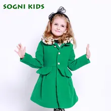 kids girls winter Woolen coat long thick outerwear green Patchwork leopard Collar Windbreaker for baby girls