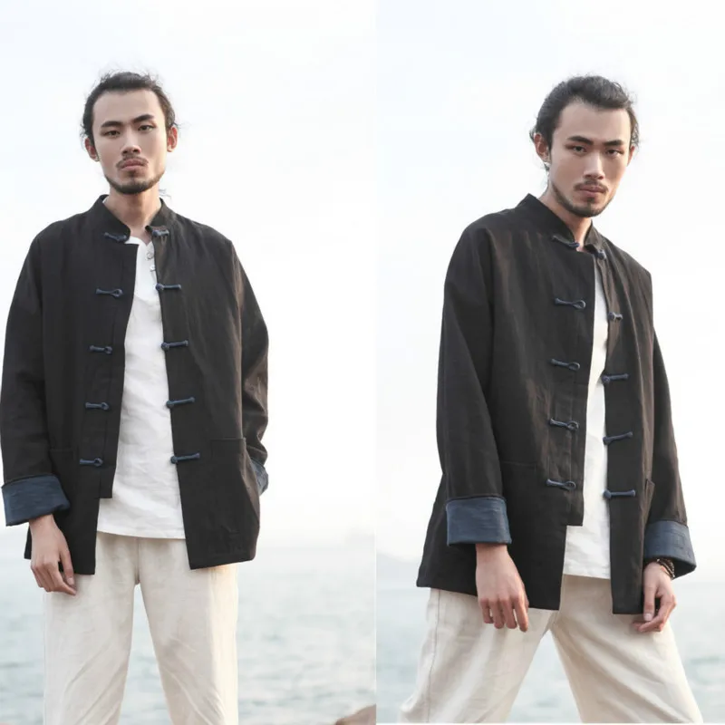 

2019 Autumn Cotton and Linen Men's Clothing Tang Costume Double Breasted Jacket Hit Color Turn The Sleeve Shirt D385