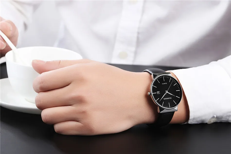 GUANQIN мужские часы лучший бренд класса люкс Мода ультра тонкий кожаный ремешок кварцевые часы, простой мужские наручные часы relogio masculino