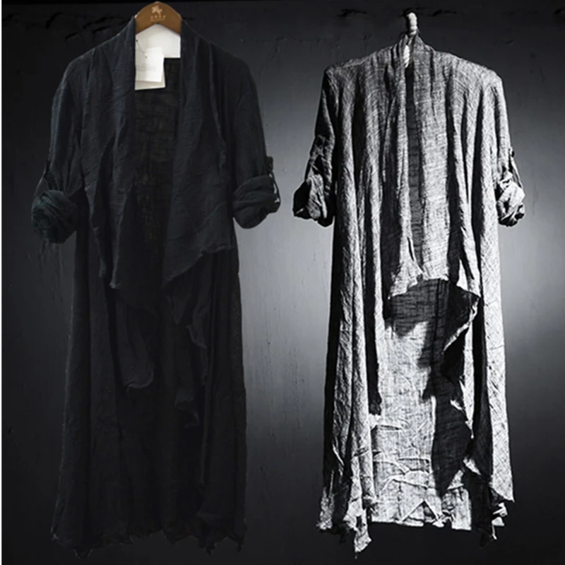 Men side split cotton linen long trench coat cardigan street punk hip hop jacket japan nightclub DJ gothic vintage stage costume