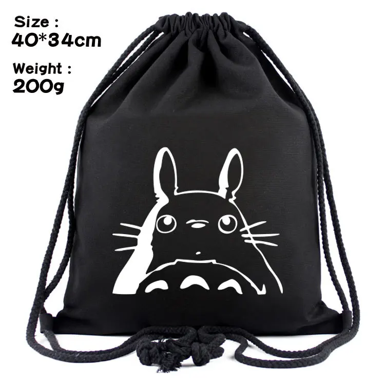 

Hayao miyazaki totoro black carbon head canvas backpack Draw string beam pocket Outdoor sports leisure bag