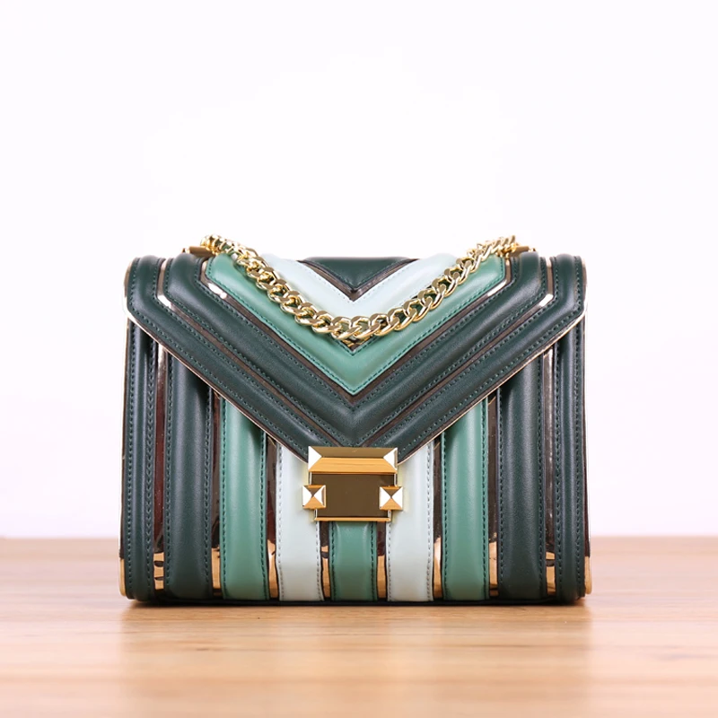 

2019 Brand Fashion Show Women Bags Genuine Leaather Hit Color Female Flap bag Chain Women Shoulder Bags Designer Handbags 417