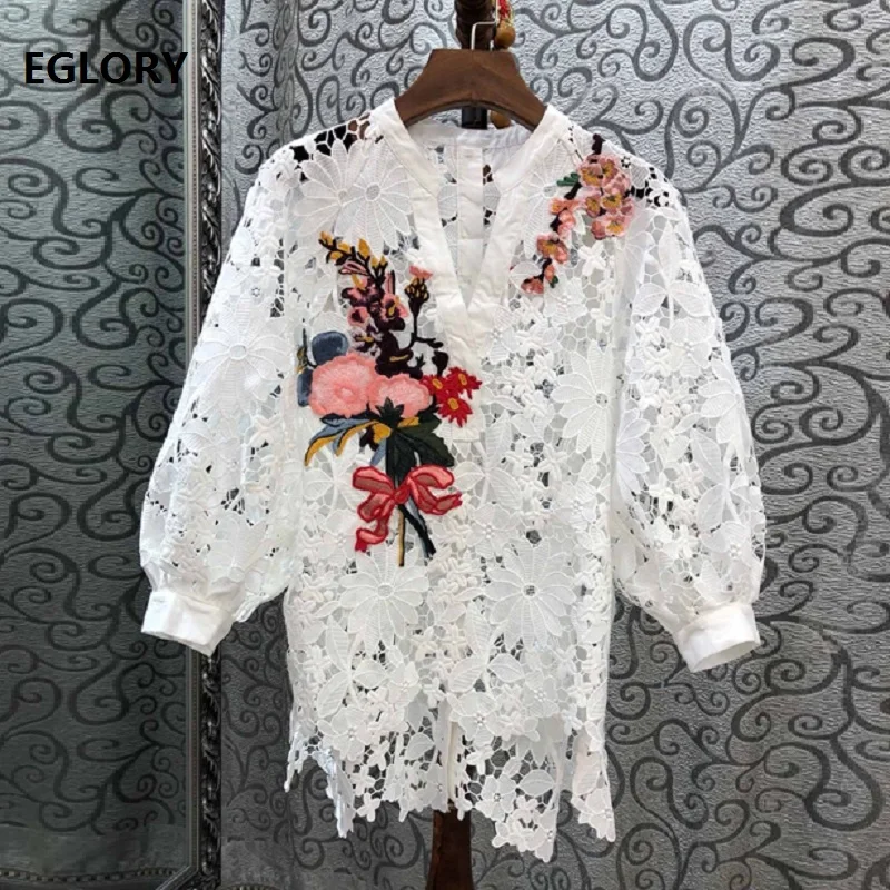 

High Quality Fashion Lace Blouse 2019 Spring Summer Women White Black Lace Crochet Embroidery Lantern Sleeve Vintage Tops Female