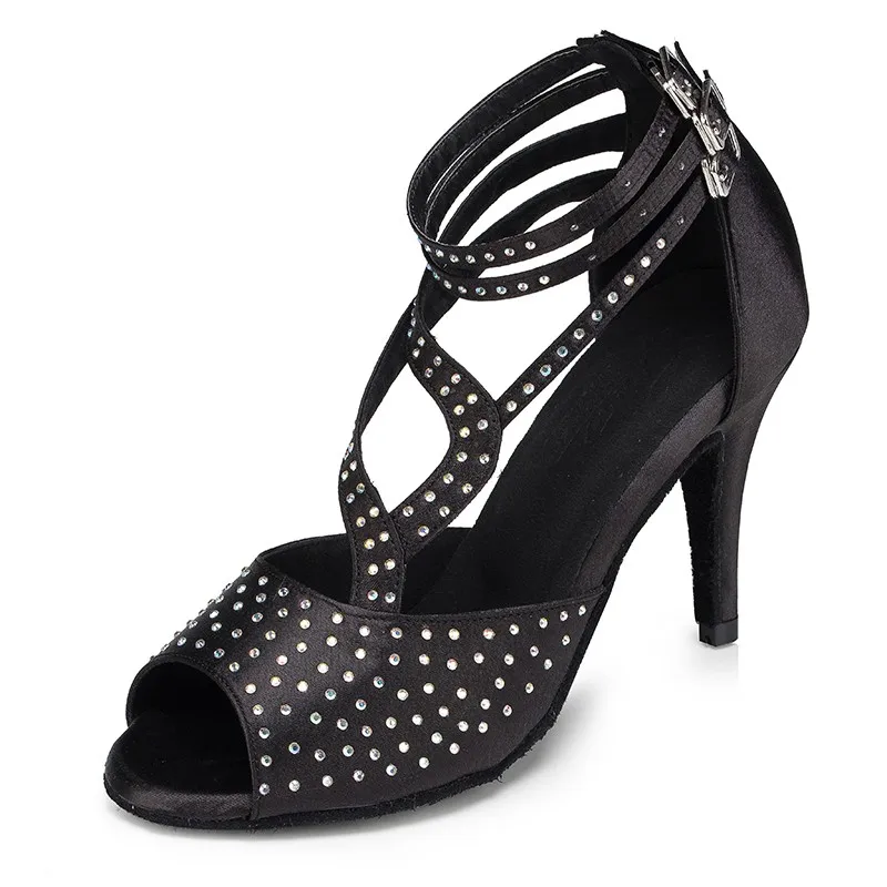 HXYOO Women High Quality Floral Black Color With Strass Satin Latin