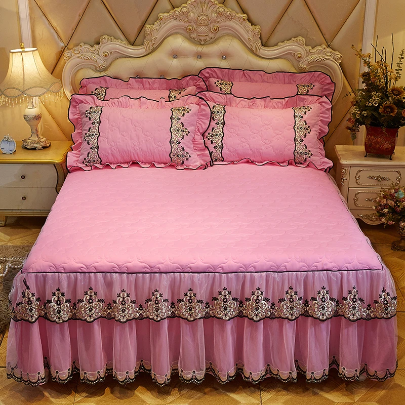 Утепленный теплый кружевной постельный комплект с хлопком 1/3 шт., розовое постельное белье для принцессы, покрывало, однотонное покрывало, простыня, король Твин