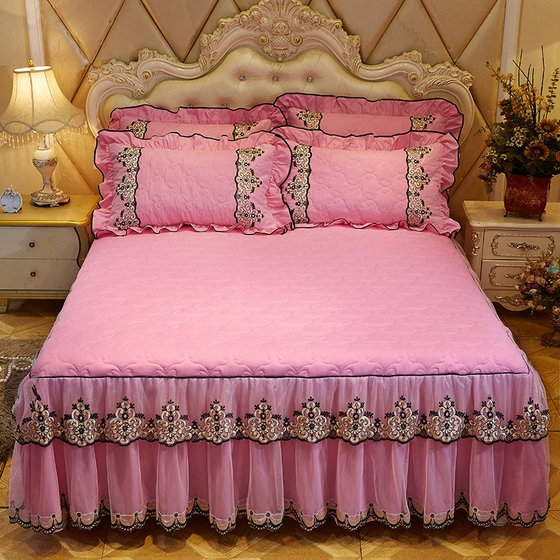 Thicken Warm Lace Bed Skirt Pillowcases With Cotton 1/3pcs Pink