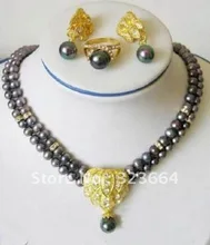 Hot Sell! Fashion Set Jewelry 7-8mm Black Pearl Necklace Earring Ring