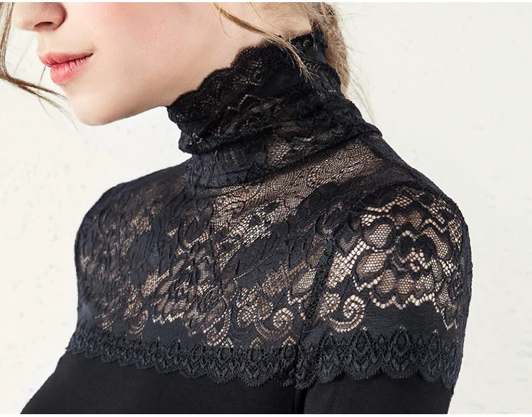 Kislady Осенняя Женская высококачественная черная рубашка больших размеров с цветочным кружевом в стиле пэчворк, гибкие топы, элегантные облегающие рубашки с высоким воротом