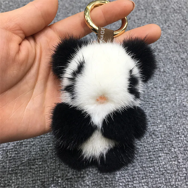 

Genuine 8cm Mini Fashion Soft Leather Mink Fur Key Chain Keychain Panda Ring Gift Bag Car Pendant Accessories Stuffed Toy Key