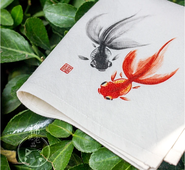 Ручная роспись Милая рыбка хлопковый платок подарок китайский стиль женские модные аксессуары утолщаются натуральное белье маленький