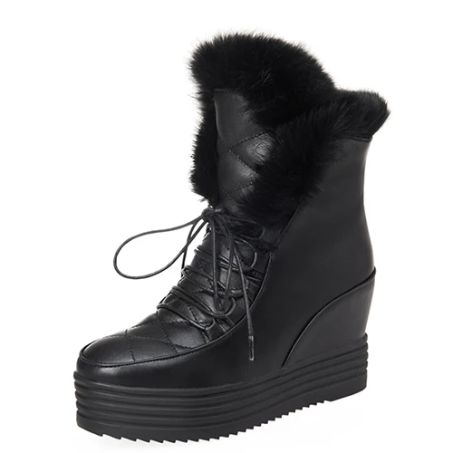 Gdgydh/модные зимние ботинки на меху; Новинка года; женская зимняя обувь на шнуровке; теплые женские ботильоны на платформе, увеличивающие рост, с круглым носком - Цвет: black
