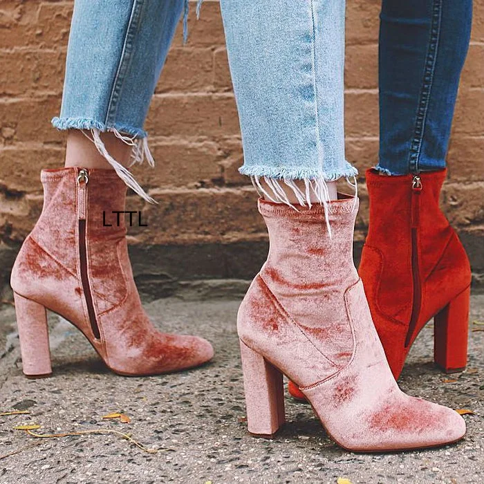 Gorgeous Red Velvet Block Heel Boots Women Slim Fit Round Toe Chunky High Heel Ankle Boots Trendy Side Zip Shoes Hot Selling