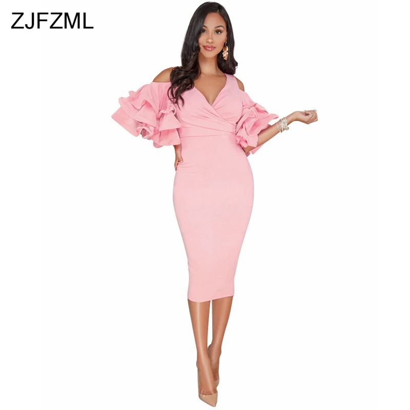 

ZJFZML 2018 Butterfly Sleeve V Neck Summer Dress Women Off The Shoulder Back Split Party Dress Boho Slim Ruffle Bandage Dress