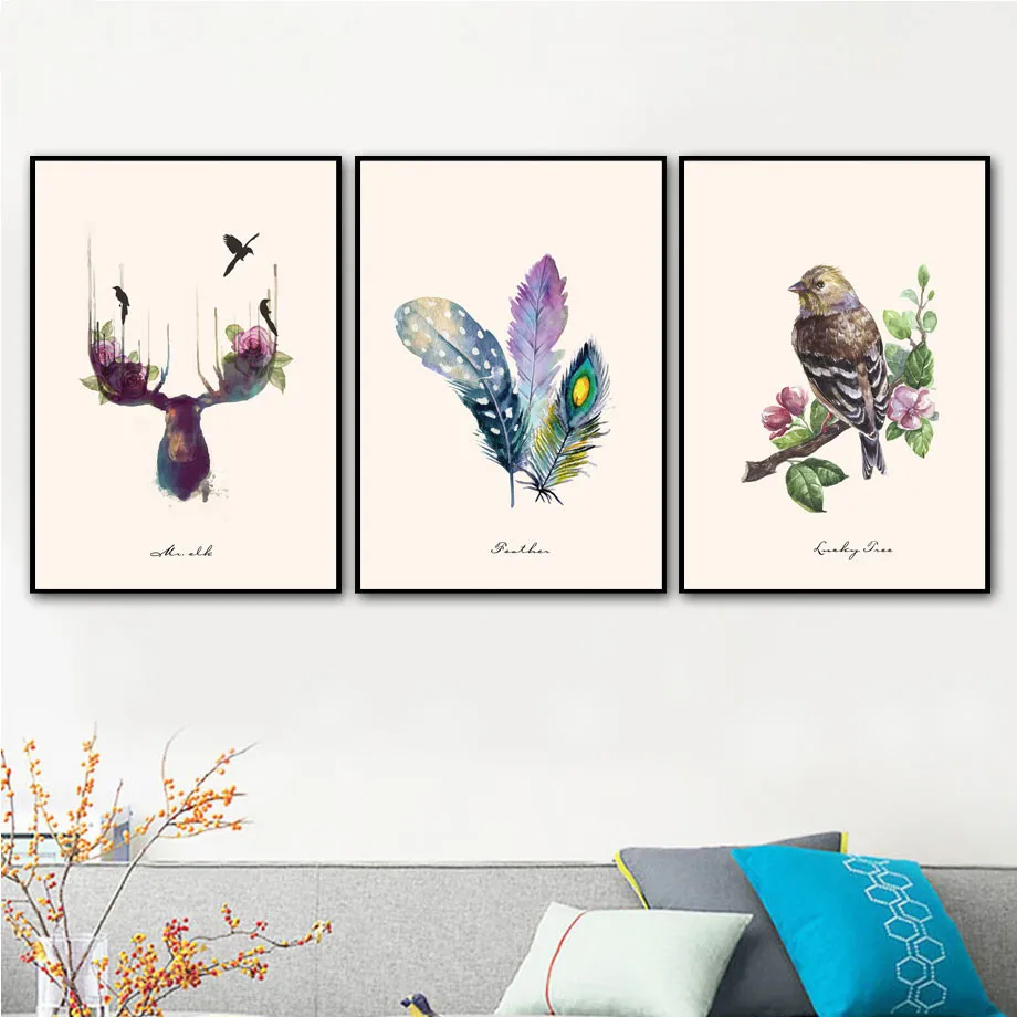 Colorful-Feather-Moose-Deer-Bird-Leaf-Love-Wall-Art-Canvas-Painting-Nordic-Posters-And-Prints-Wall