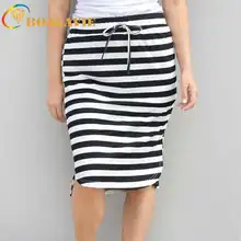 Летние Для женщин юбка с высокой талией, в полоску Женская эластичная юбка на шнуровке с высокой талией до колена Длина Черный и белый полосатый юбки