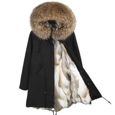 Пальто с натуральным мехом, зимняя женская куртка, воротник из натурального меха енота, подкладка из кроличьего меха, Толстая теплая уличная одежда, бренд класса люкс, отстегивается - Цвет: black natural C