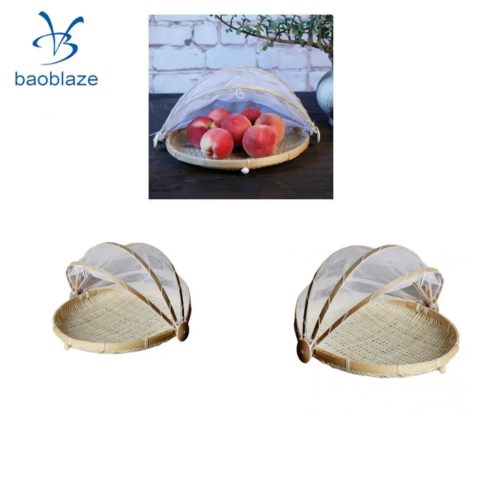 2xBamboo Tent Basket Serving Food Outdoor Picnic Pop Up Mesh Net Cover Round