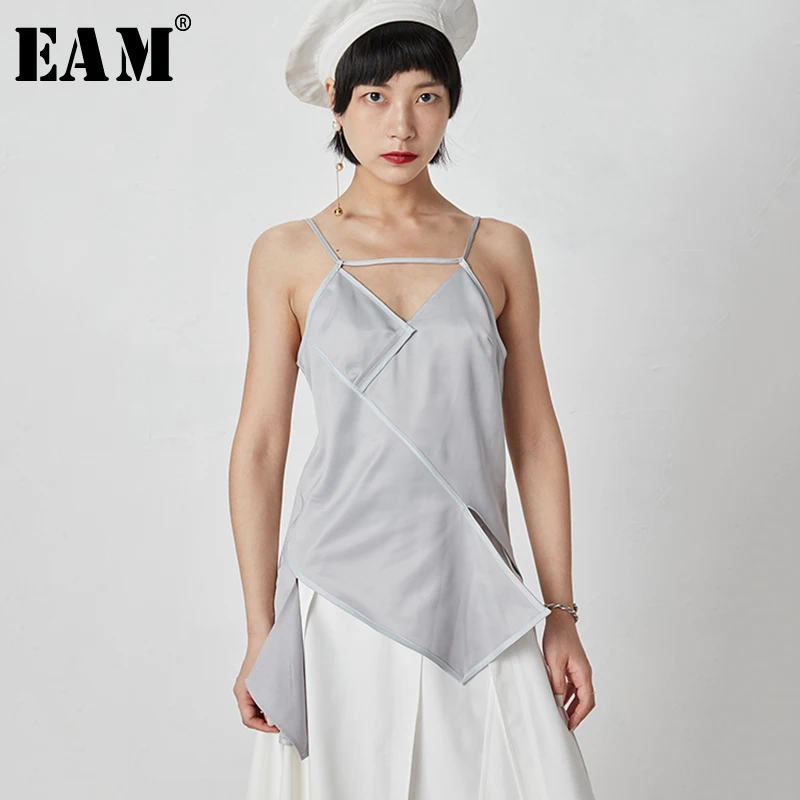 

[EAM] 2019 New Spring Summer Camis Sleeveless Personality Splice Irregular Split Point Hollow Out Backless Women Fashion JY397