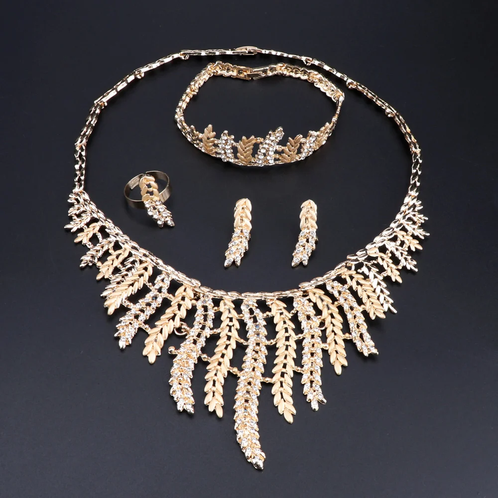 OEOEOS Dubai Jewelry Sets For Ladies African Beads Set Gold Color Wedding Women Leaves Necklace Earrings Bracelet Ring | Украшения и