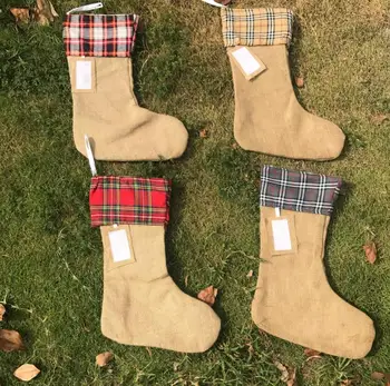 

100pcs/lot hot selling excellent quality low price 4 colors burlap christmas stockings cheap christmas stocking with plaidSN1505