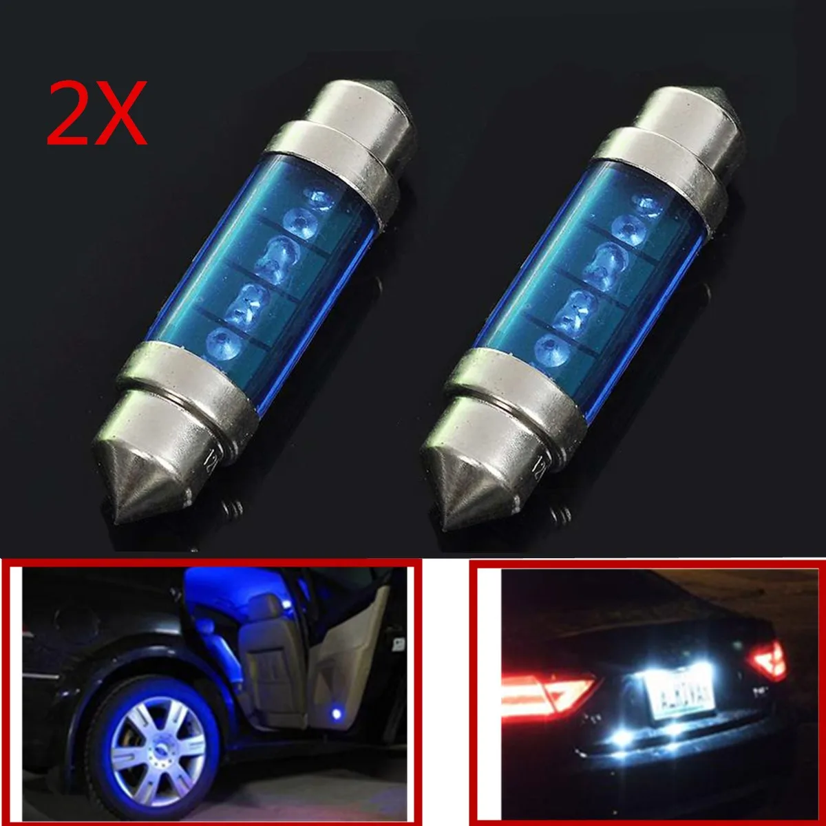 2Pc 39mm Blue 3 LED License Plate Headlight Bulbs Led Light Glass