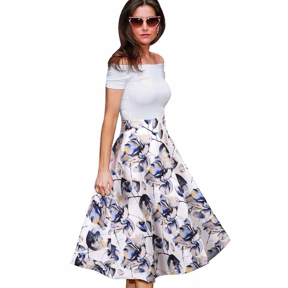 

50s 60s Vintage Polka Dot Rockabilly Swing Pin Up Tunic Women Slash Neck Off The Shoulder Summer A-line Dresses A015