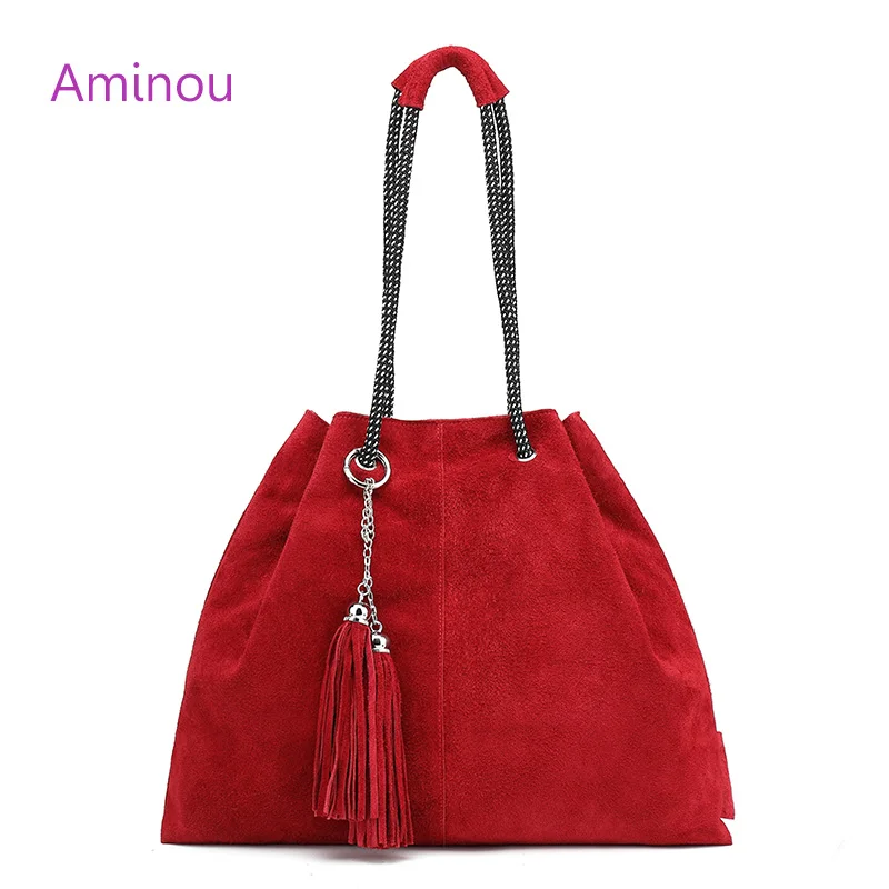 Aminou 2018 Famous Women Tote Bag Lady Casual 100% Genuine Leather Bags For Women Crossbody Tassel Bucket Handbag Shoulder Bags Aminou 2018 Famous Women Tote Bag Lady Casual 100% Genuine Leather Bags For Women Crossbody Tassel Bucket Handbag Shoulder Bags