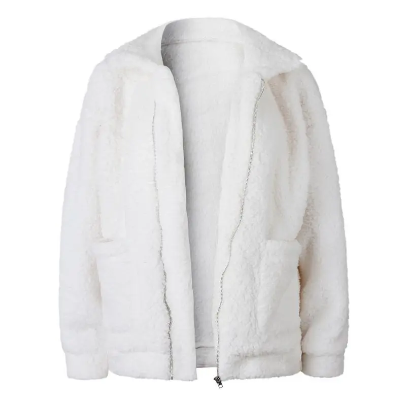 Элегантное женское пальто из искусственного меха осень зима теплая мягкая меховая куртка на молнии женское плюшевое пальто с карманами Повседневная плюшевая верхняя одежда - Цвет: Белый