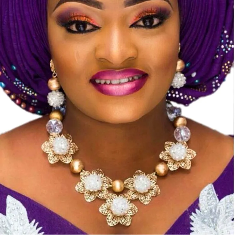 

4ujewelry Nigerian Beads Necklace Jewelry Set White Balls With Gold Flowers African Jewellery sets for Women Free Shipping 2018