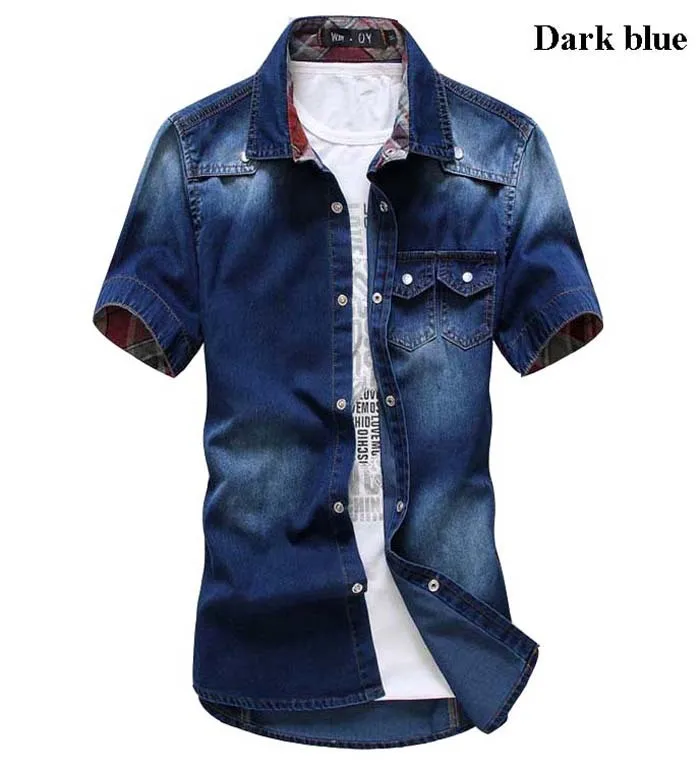 MIUK 2014 Gradient Men Shirts Short Sleeve Chambray Shirt Denim Men Shirt Collar Button Up