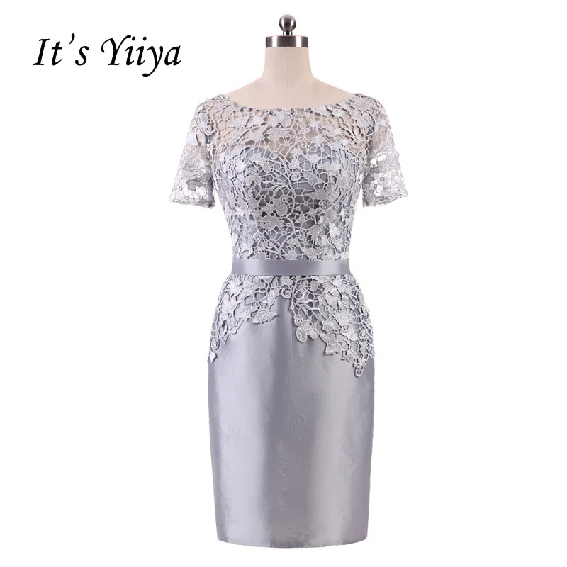 Это YiiYa серый Иллюзия цветы короткий рукав кружево Молния Прямые коктейльные платья до колена формальное платье вечерние платья 7552