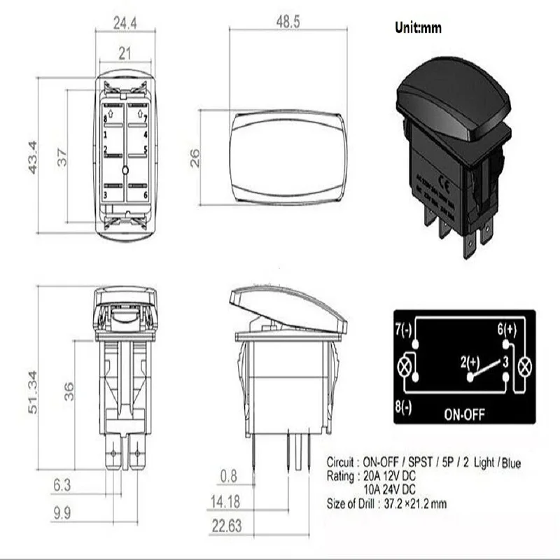12v20A 24В/10А автомобильный морской кулисный переключатель 5 контактный ВКЛ./ВЫКЛ.