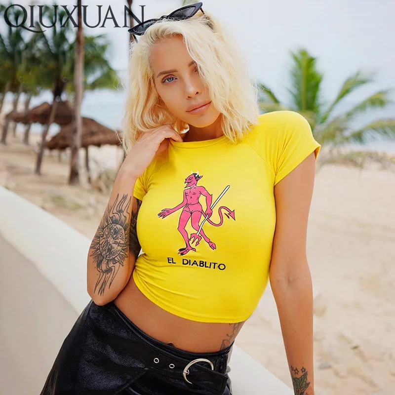 

Qiuxuan Summer Short Sleeve Women T-Shirt Fashion O-Neck Casual Tops Letter Print Slim Fit Fashion Female Tops