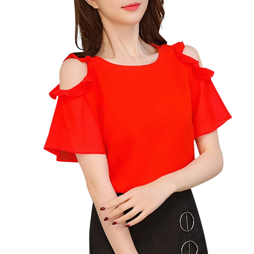 Women Chiffon Shirt 2019 Women Work Office Off Shoulder Ruffles Short Sleeve Solid Chiffon Plus Shirt Top