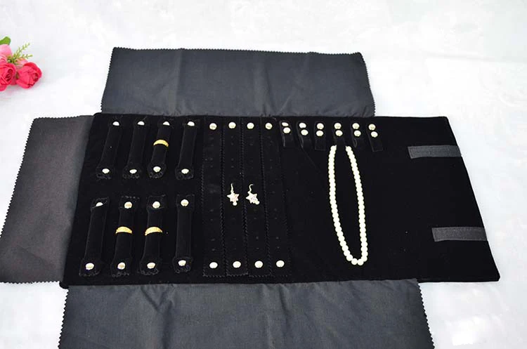 Портативный черный бархат дисплей ювелирных изделий набор рулонов дорожный Органайзер Сумка Складная для серьги кольцо цепь кулон ожерелье хранения