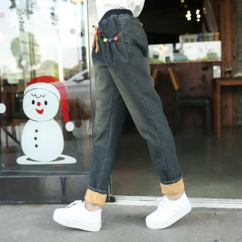 ФОТО 2017 Winter Japanese Female Sen Leisure Loose Elastic Waist Wash Old Ladies With Jeans Long Thick Velvet Free Shipping