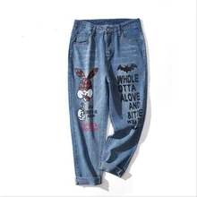 Fit 90 кг джинсы для девочек весенние туфли бренда хлопка стрейч джинсы женский мультфильм рисунок с кроликами печатных плюс размер джинсы wq1069