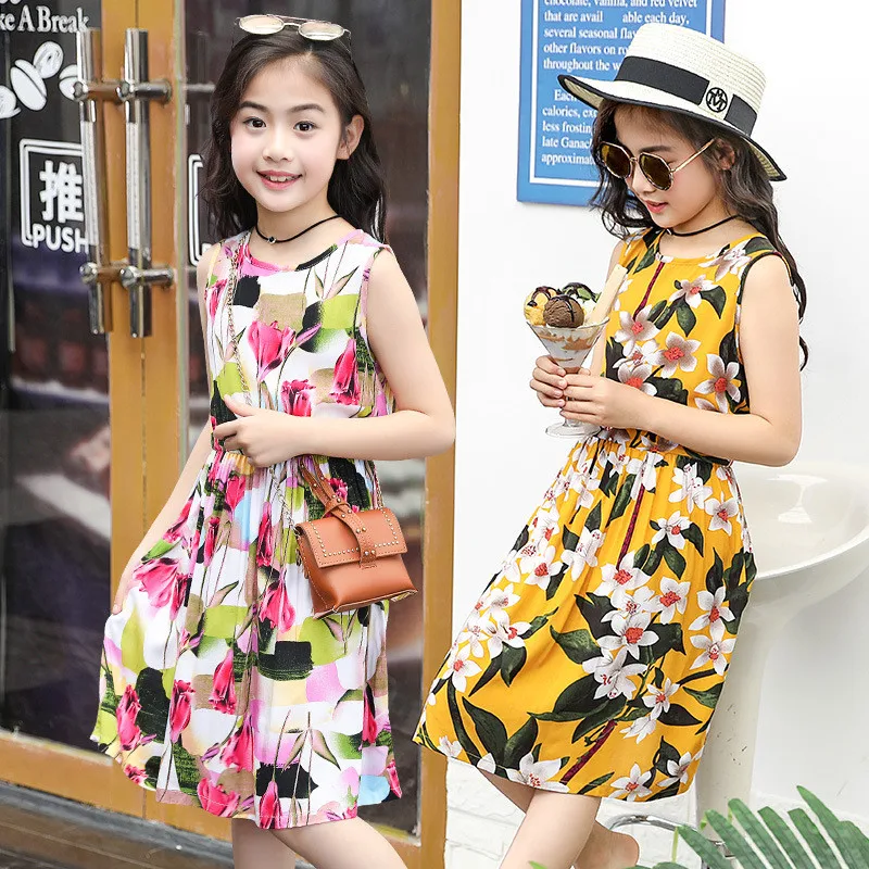 

Cheap Cotton Girls Dress Vestidos Baby Clothes Kids Teenager Casual Flower Print Beach Children Clothing Summer Dresses Girl