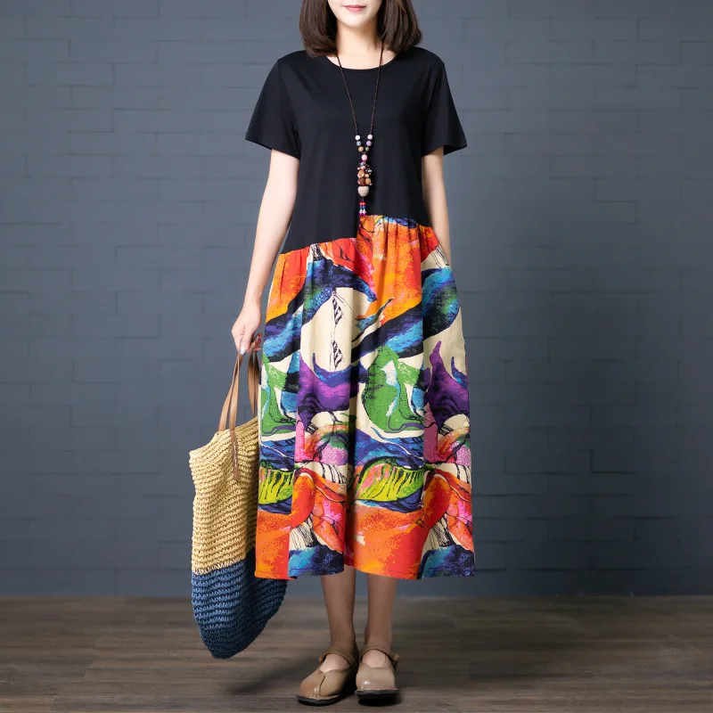 

Women Dresses Short Sleeve Floral Print Patchwork Slim Dress Cocktail Party Dress Summer Casual Dress