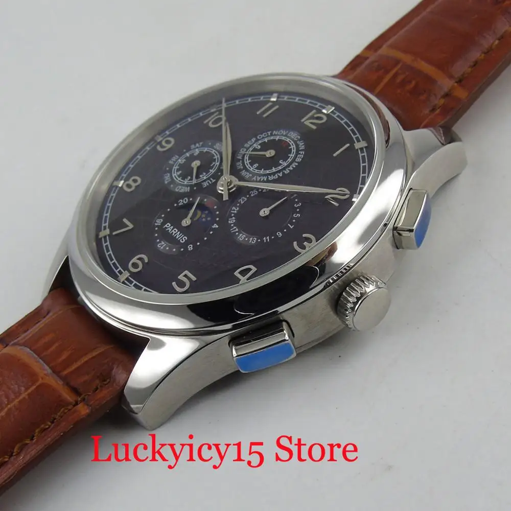  PARNIS Classic Style Men's Watch With Month and Week Function Brown Leather Strap 44mm Automatic Wa