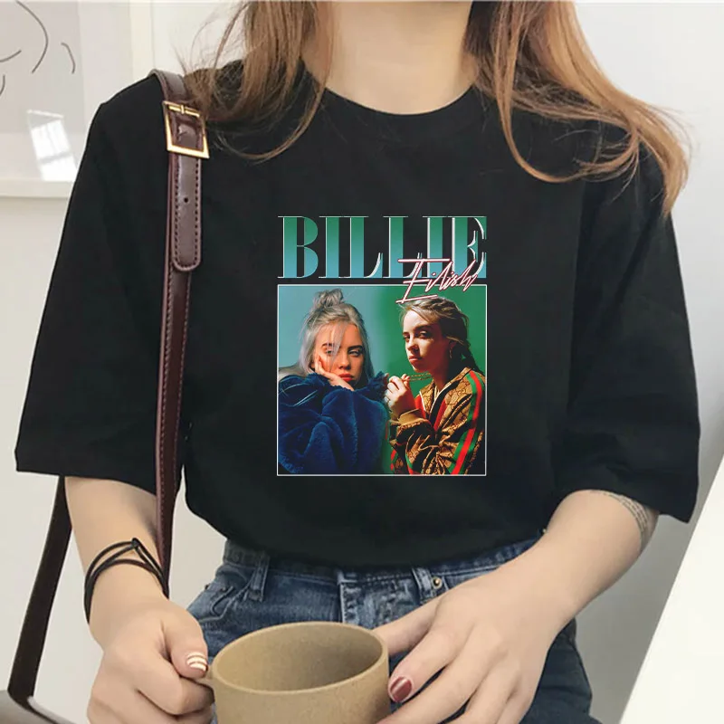 

T-shirt Billie Eilish print 90s retro black women's shirt T-shirt casual black street clothing vegetarian street packed cotton