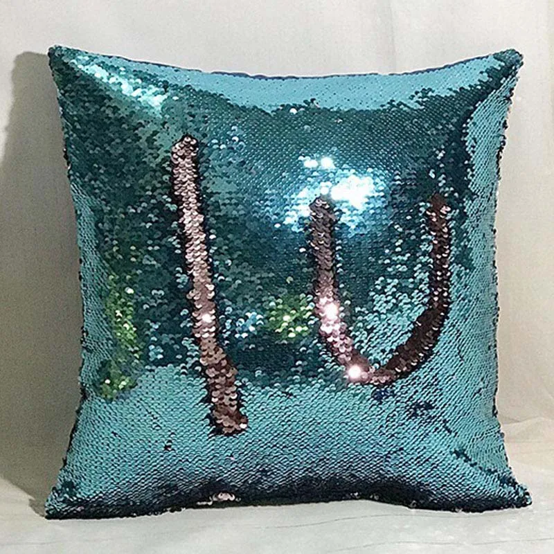 Русалка наволочка Двусторонняя Подушка Чехол coussin украшение cojines kussenhoes almofada decorativa DIY блестки наволочки - Цвет: lake blue and pink