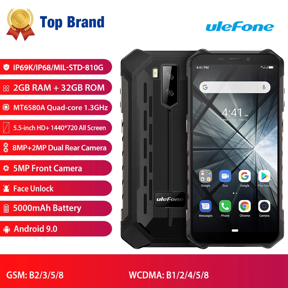 

Ulefone Armor X3 Smartphone 5.5'' 3G WCDMA Cellphones HD MT6580 Android 9.0 Quad Core 2GB 32GB 5000mAh Face ID IP68 Waterproof