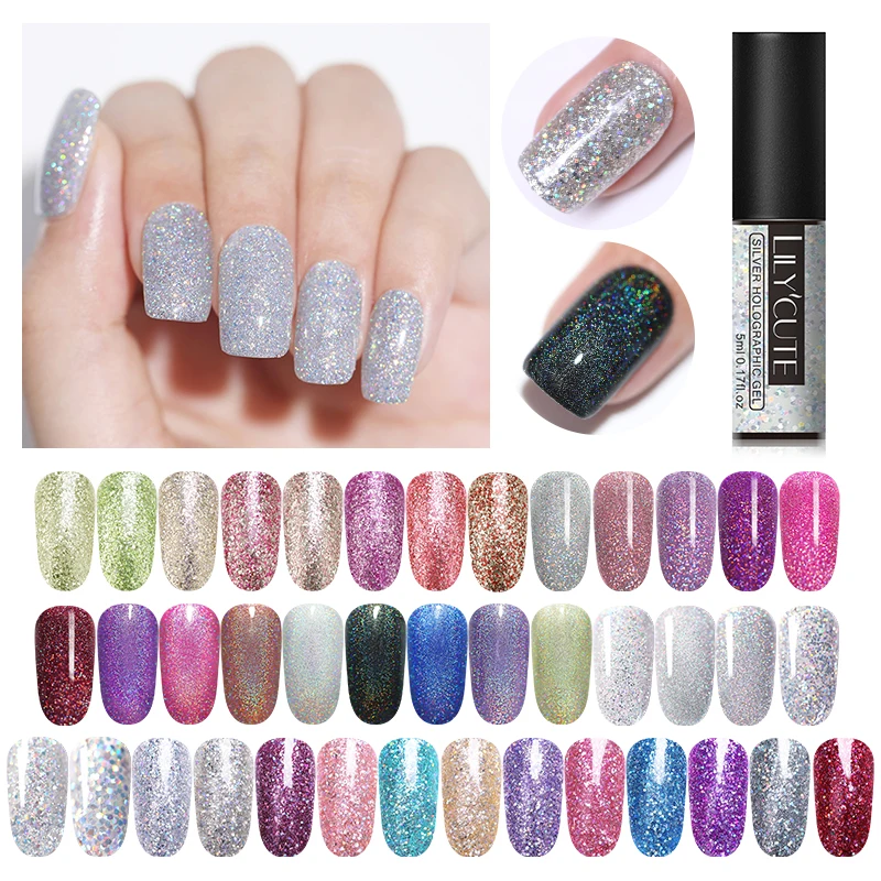 

LILYCUTE 5ml Holographic UV Gel Nail Polish Shimmer Glitter Sequins Nail Art Gel Varnish Soak Off Manicure Nail Art Gel Lacquer
