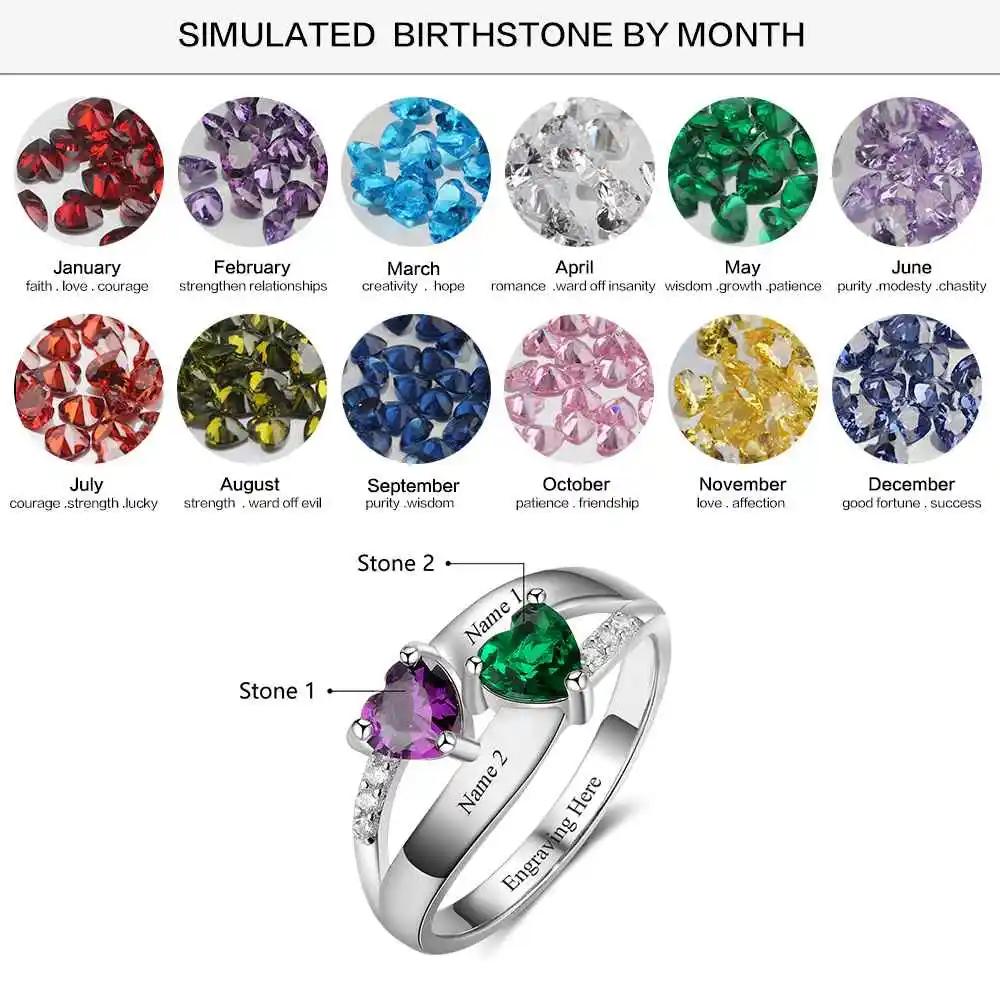 Double Heart Birthstone Ring Personalized Custom Engrave Names Promise Rings 925 Sterling Silver Jewelry (JewelOra RI103276)